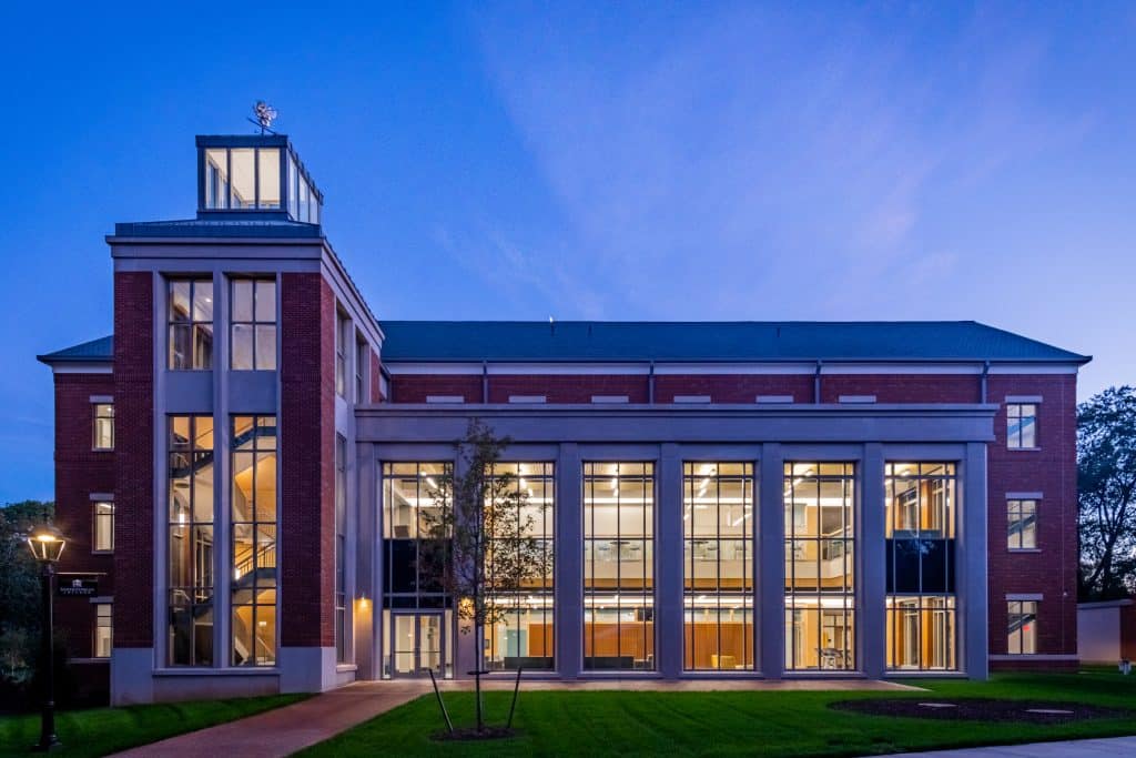 A night photo of Payne Hall, which is located on RMC's Virginia campus