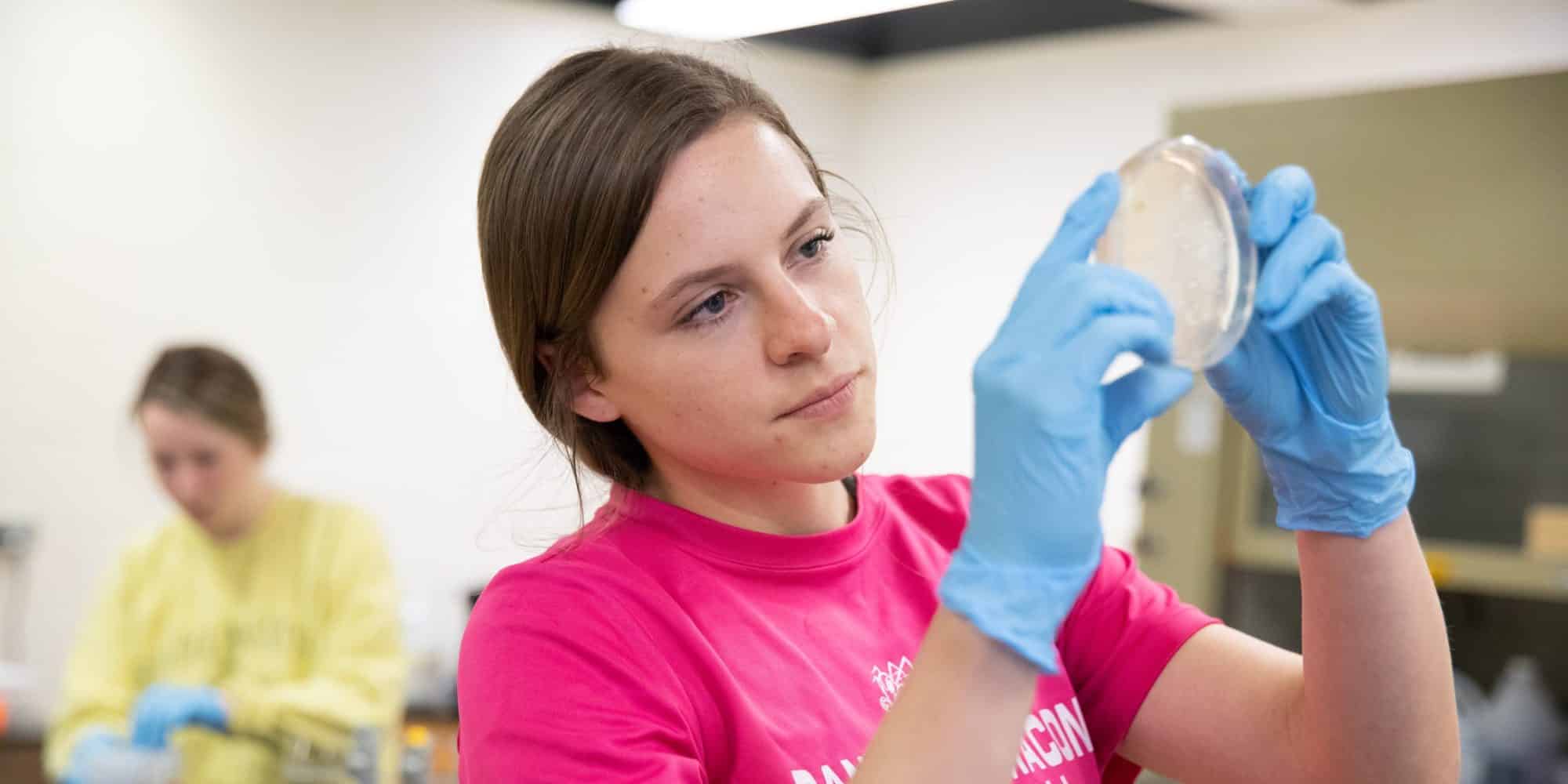 Student examining a substance in a petri dish