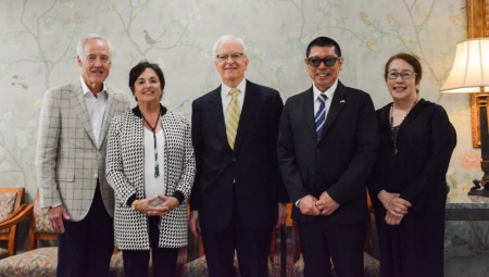 Andy and Jeanne Anderson, Shinichi and Ryoko Endo, and President Robert Lindgren pose together after the dedication of the Taylor Bunko