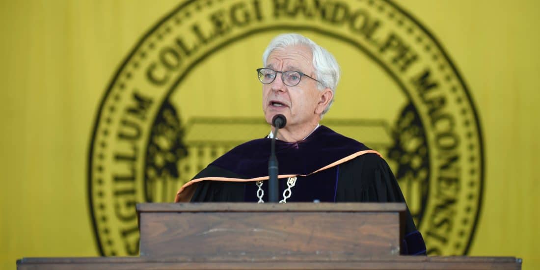 President Lindgren speaking at podium at commencement