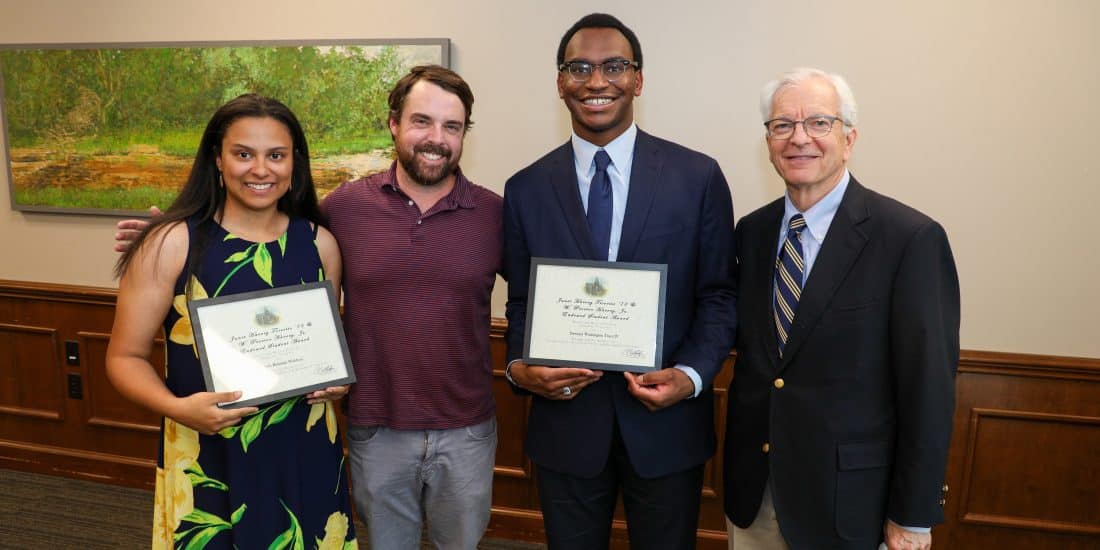 Trivette Award Winners Dewvaul "DQ" Tracy IV '23 and Elisabeth Waldron '23 with President Lindgren and Proctor Trivette
