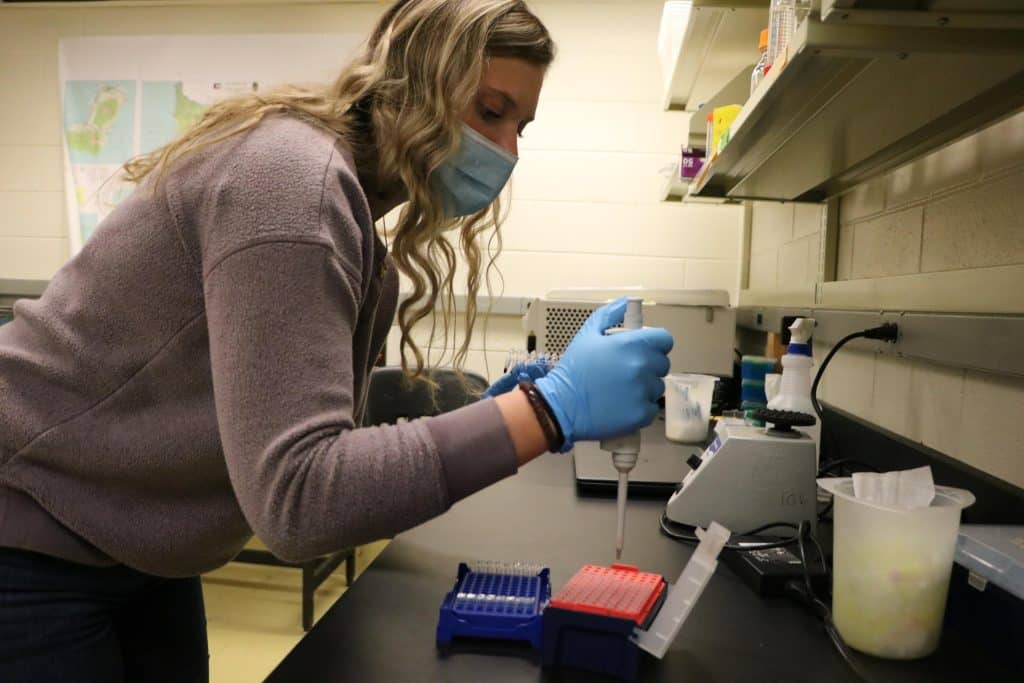 Elise Knobloch holding a large syringe over a sample container