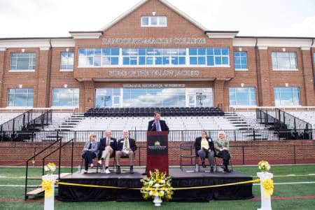 Director of Athletics Jeff Burns delivers remarks at the Duke Hall dedication