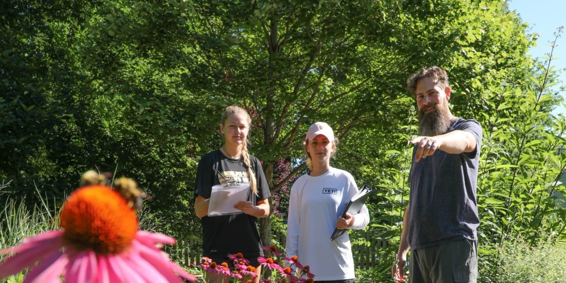 Professor Nick Ruppel pointing out at a flower with bees on it as two students take notes