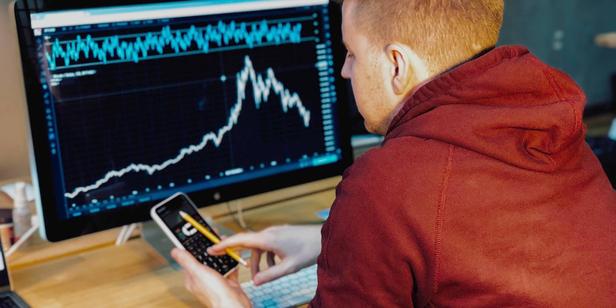 Randolph-Macon economics student studying trend on a computer.