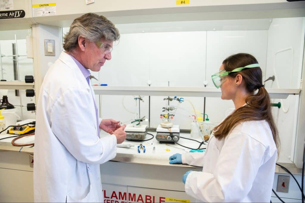 Faculty member and student working together in a chemistry lab