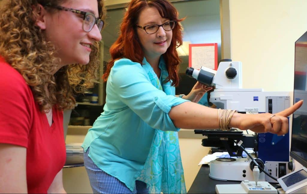 Psychology degree student and faculty member working together