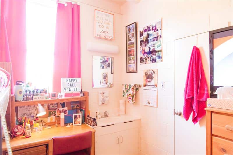 A sink and a desk within a dorm room in Conrad hall