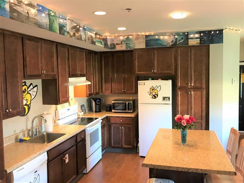 The kitchen in an apartment in birdsong hall