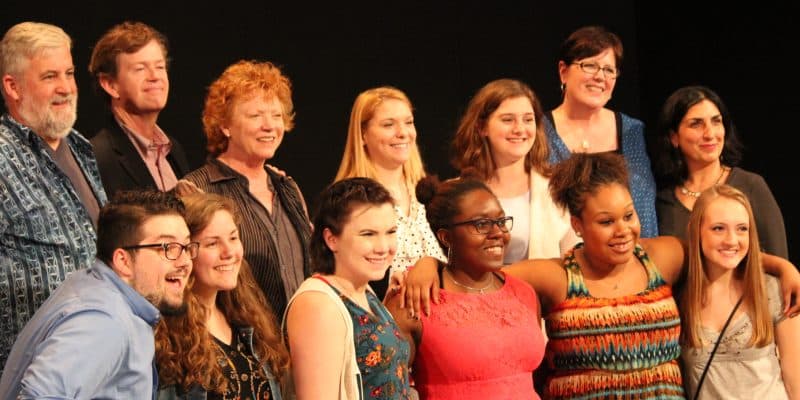 Becky Ann Baker and Dylan Baker posing for a picture with RMC theatre Students