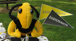 A stuffed animal is sitting on a table at a fall tailgating party with flags.