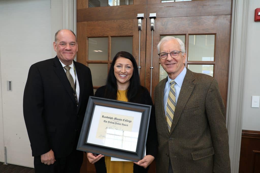 Ashley Woody poses with Dean Azdell and President Lindgren at the Fall 2023 Yellow Jacket Awards