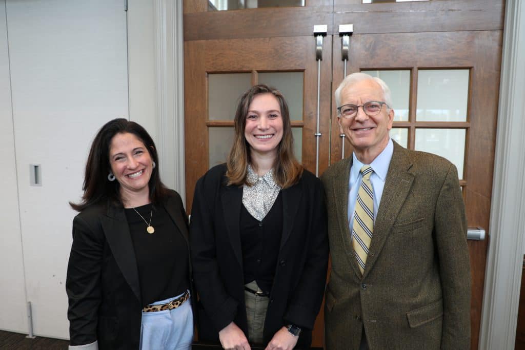Steph Wolf poses with Beth Campbell and President Lindgren at the Fall 2023 Yellow Jacket Awards