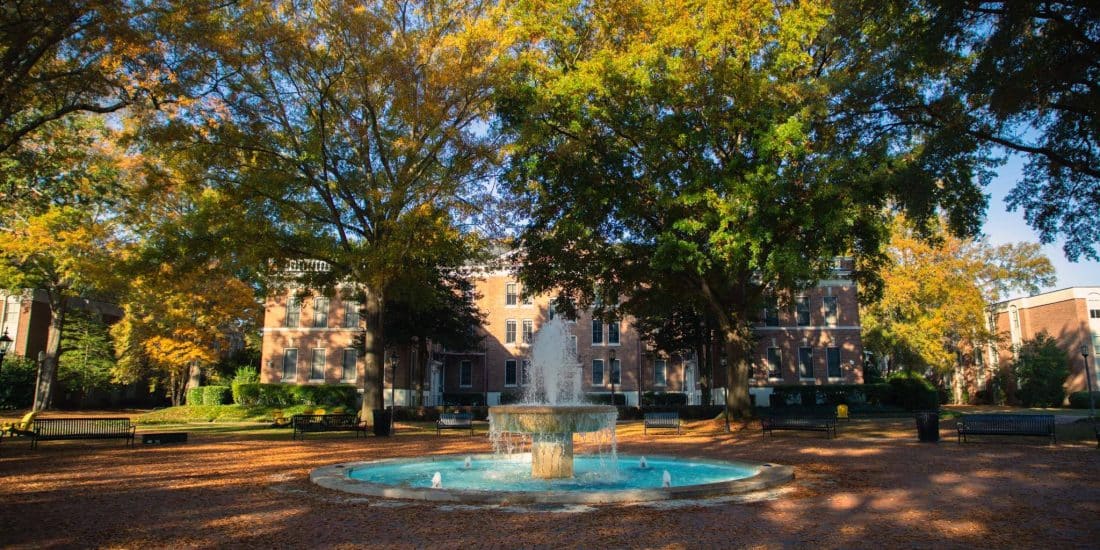 Fountain plaza with fall foliage