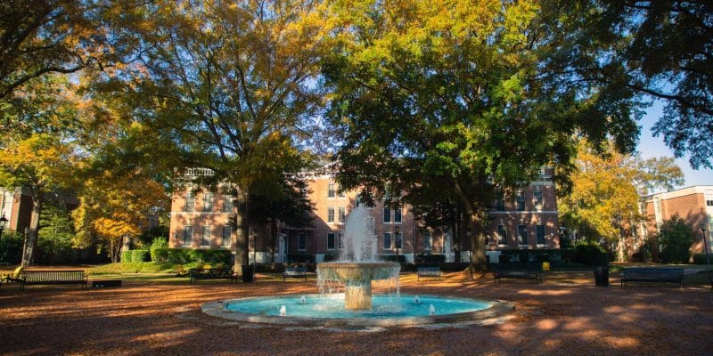 Fountain plaza with fall foliage