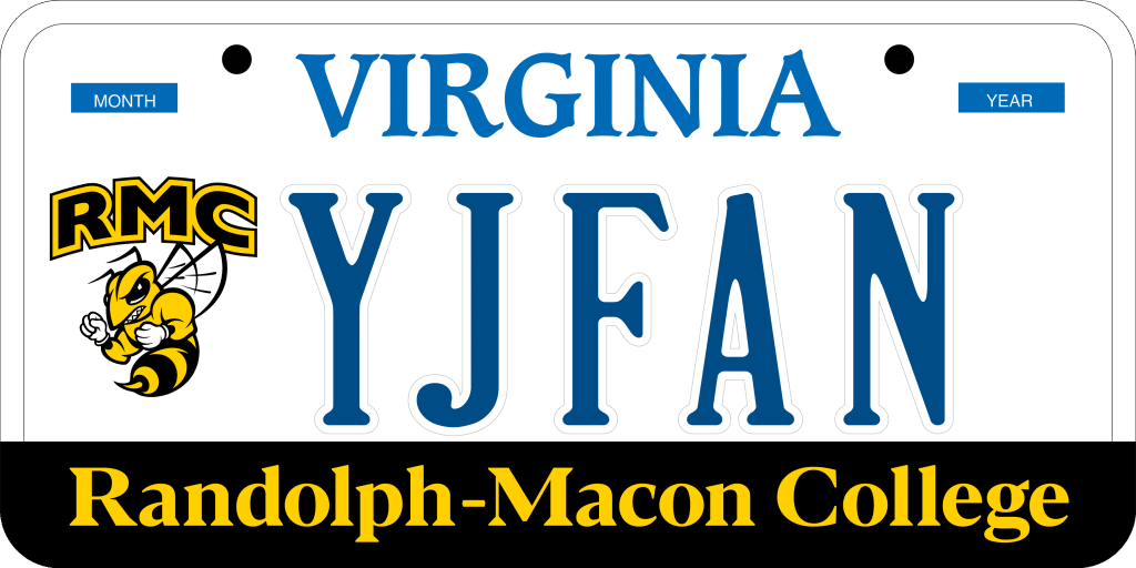 A license plate featuring the iconic initials "RMC" of Randolph-Macon College.