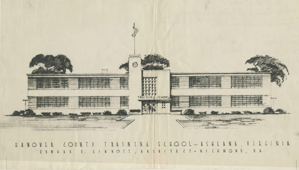 A black and white architectural rendering of a high school building.