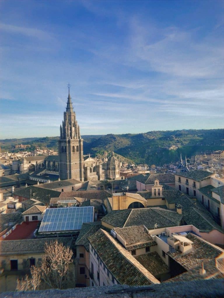 A view of a city from the top of a tower.