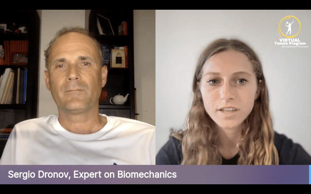Two people in a virtual tennis program webinar. The man on the left is labeled "Sergio Dronov, Expert on Biomechanics." A logo for the "Virtual Tennis Program" is in the top right corner.