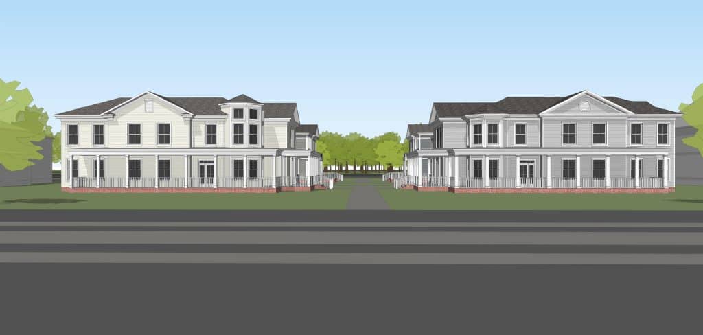 Illustration of two identical grey two-story houses with porches, separated by a grassy path leading to rows of trees in the background.