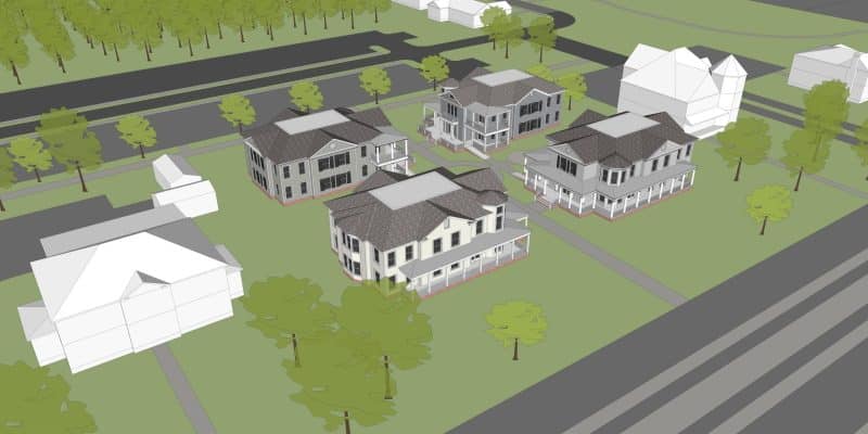 Architectural rendering depicting multiple residential houses with detailed designs on a tree-lined street. Some houses are fully modeled while others are represented as wireframes.