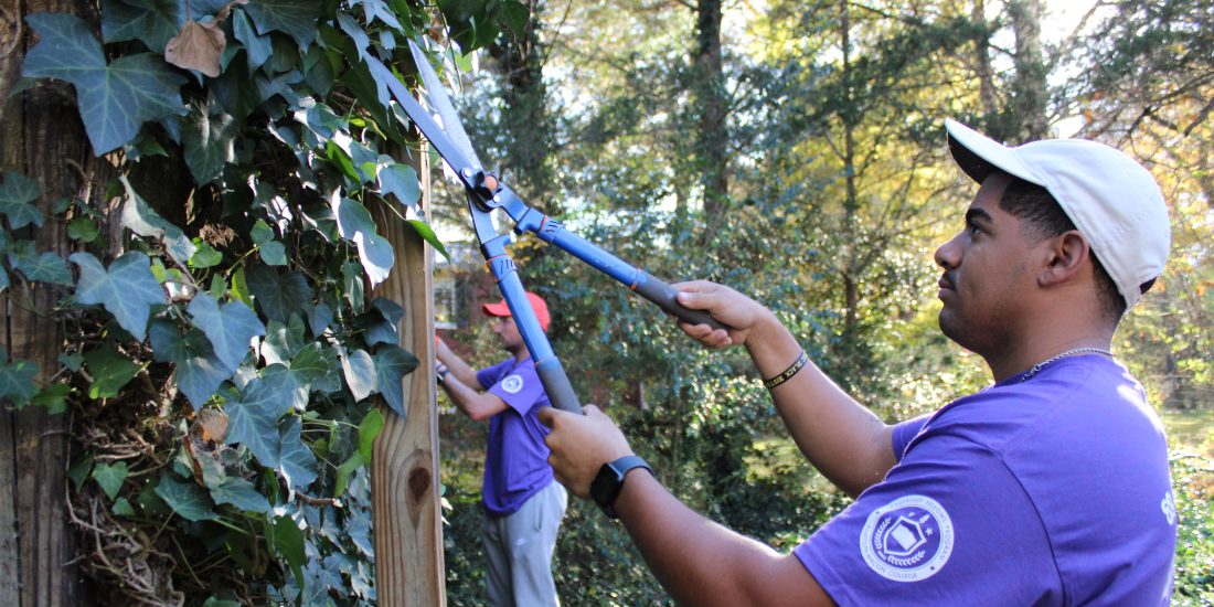 Two individuals wearing purple shirts engage in community service by trimming ivy on a wooden fence with large pruning shears in a lush, wooded area.