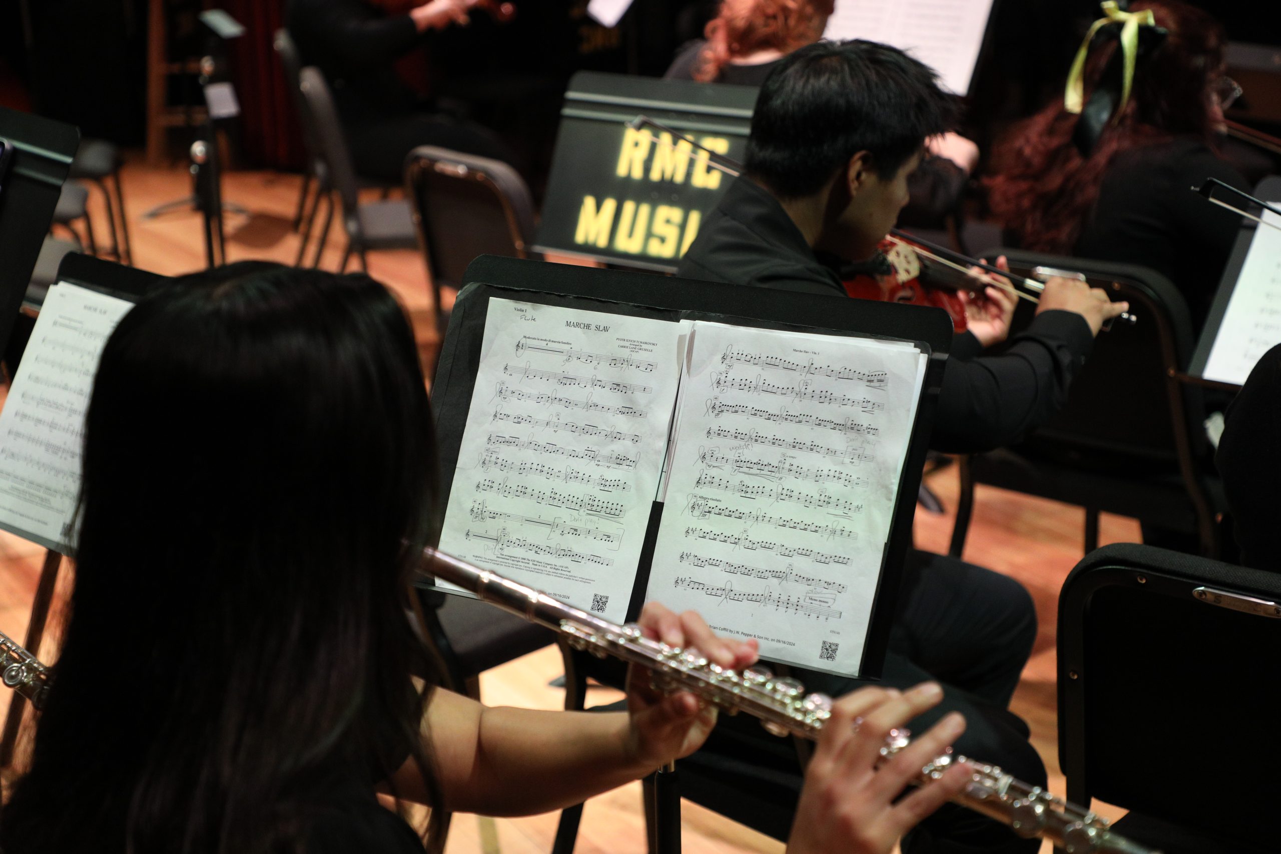 Musicians dressed in formal attire enchant the audience with their performance, playing instruments like the violin and flute in a captivating orchestra setting. The arts come alive as sheet music rests gracefully on stands, orchestrating a memorable event.