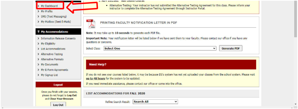 Screenshot of a user interface displaying sidebar navigation and a section for generating a printing faculty notification letter in PDF format, featuring options and instructions for Request Letters or Letters of Accommodation.