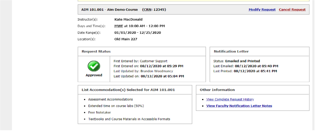 Screenshot of a course accommodation request page showing approval status for AIM 101.001. The DSO-approved request includes extended time on tests and note provision, officially noted in the Letters of Accommodation on 08/31/2020.