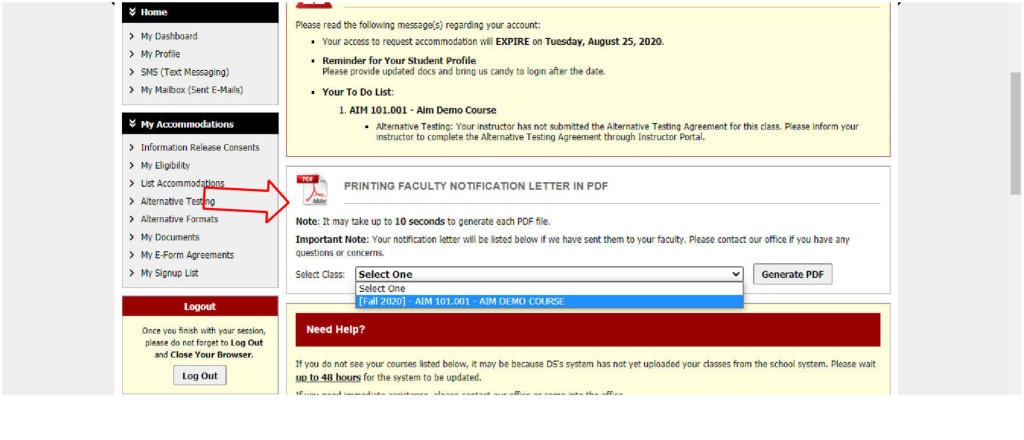 Screenshot of a web page with a dropdown menu for selecting a course to generate a Letters of Accommodation PDF notification letter for faculty. A red arrow points to the "Select One" option, streamlining the DSO's task.