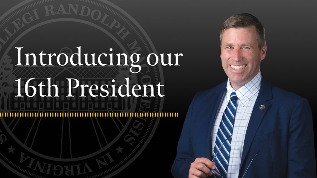 Michael Hill next to text: "Introducing our 16th President," with a college seal in the background.