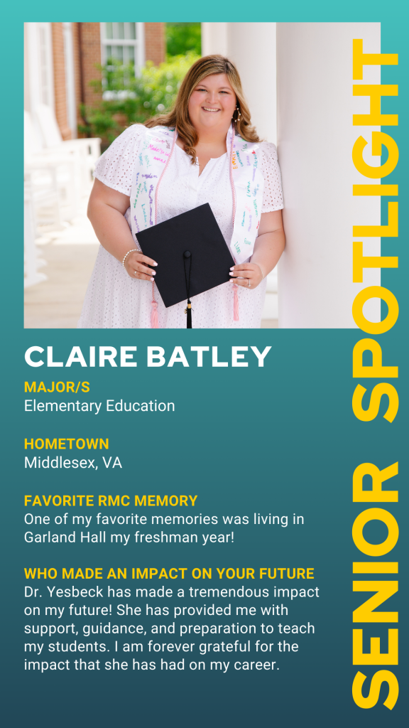A person holds a graduation cap and stands against a white background. Text highlights their major, hometown, favorite memory, and an influential mentor.