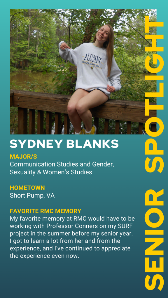 A person wearing an "ALUMNI" sweatshirt sits on a wooden railing outdoors. Text highlights academic status, major, hometown, and favorite college memory.