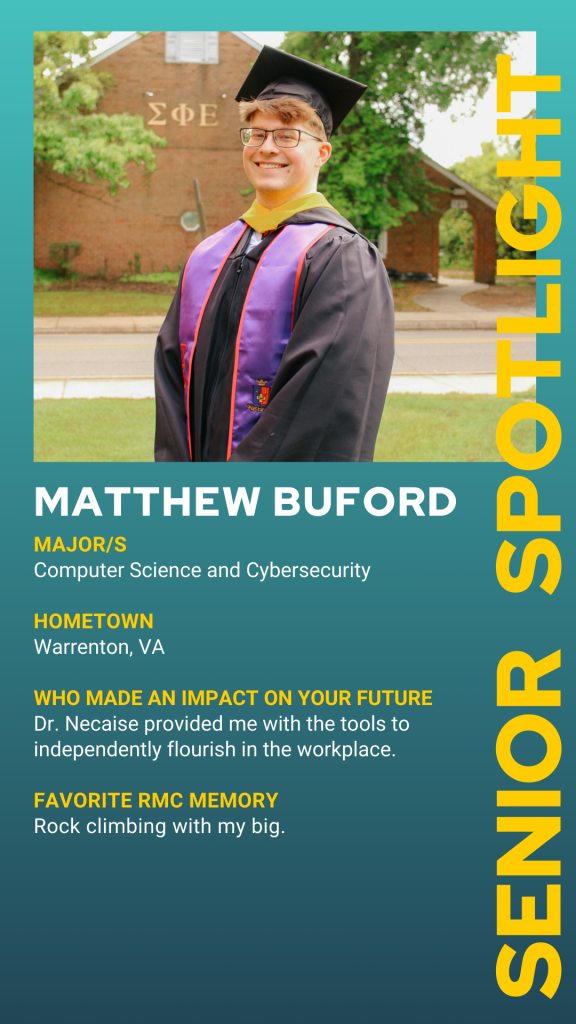 A student in graduation attire stands outside a brick building with Greek letters. Text displays the student's major, hometown, mentor, and favorite college memory.