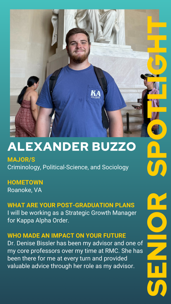 A student stands indoors, smiling. Text highlights their major, hometown, future plans, and a mentor who influenced their college experience.