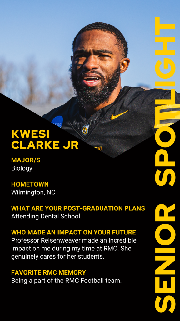 A college football player stands outdoors. Text highlights the player's major, hometown, future dental school plans, an influential professor, and a favorite team memory.