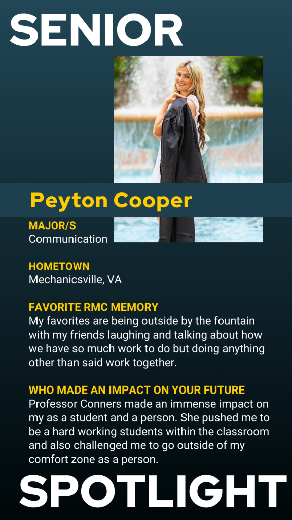 A person in a graduation gown stands by a fountain holding a cap. Text displays their major, hometown, favorite memory, and influential professor.