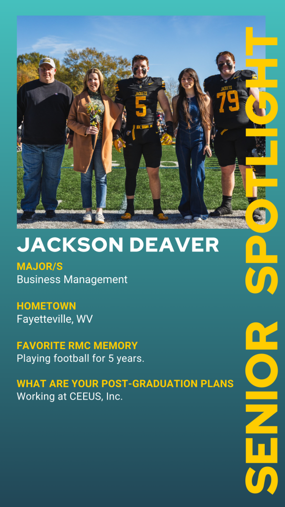 Five individuals stand on a football field for a senior spotlight; one wears football gear and the others are in casual attire. Text highlights Jackson Deaver’s major, hometown, memories, and future plans.