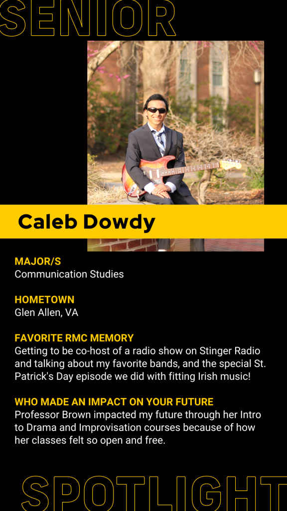 A person in sunglasses and a suit holds an electric guitar outdoors; accompanying text features Caleb Dowdy's academic information, hometown, memorable experiences, and influential professor.
