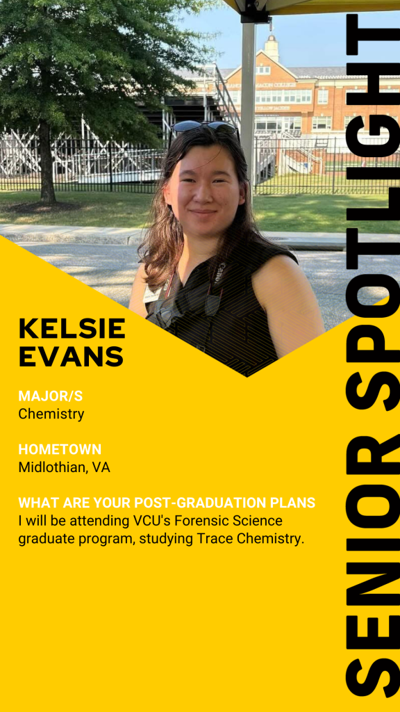 A person sits outdoors, smiling at the camera. Text highlights a chemistry major from Midlothian, VA, with plans to attend VCU’s Forensic Science graduate program.