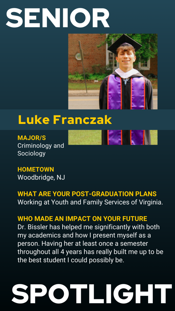 Student Luke Franczak is pictured in graduation attire, with information about their major, hometown, future plans, and a mentor who influenced their college experience.