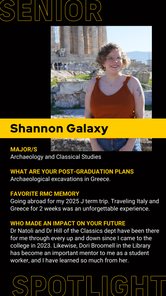 A student smiles in front of ancient ruins in Greece. Text highlights their major, future plans, and experiences in archaeology and classical studies.