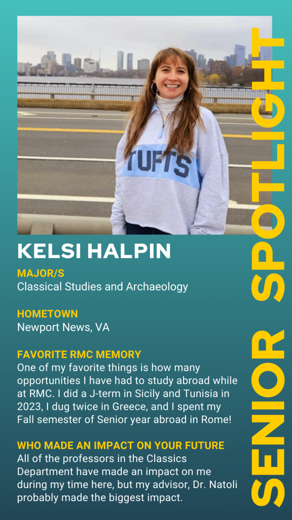 Person standing outdoors with a city skyline in the background. Text highlights academic achievements and experiences in classical studies and archaeology.