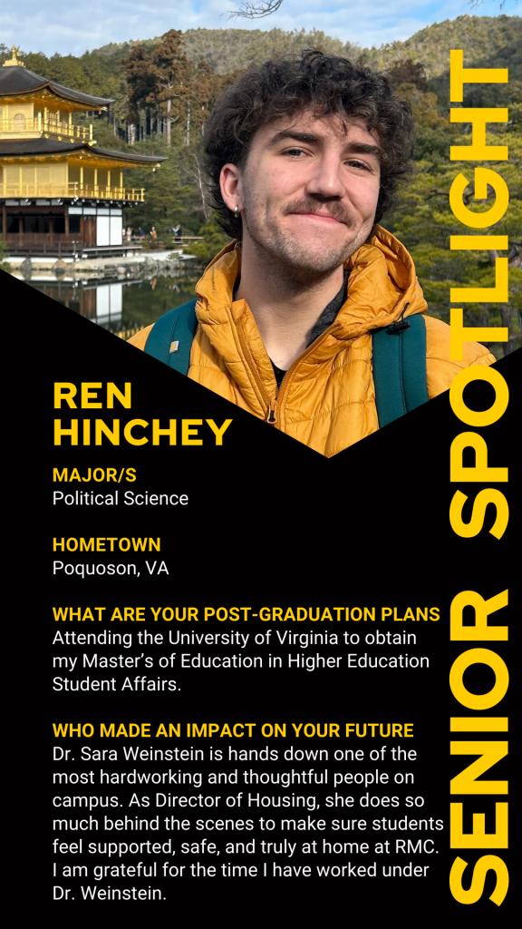 A person stands outdoors with mountains and a building in the background. Text highlights their education, achievements, and post-graduation plans.