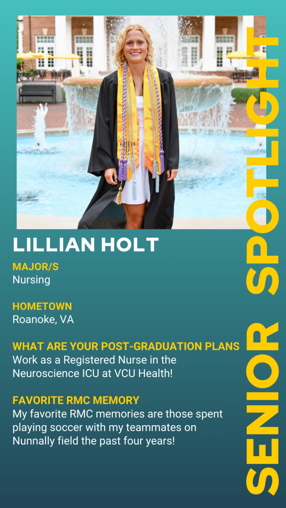 A person in a graduation gown stands in front of a fountain. Text highlights their nursing major, hometown, future plans, and favorite college memory. "Senior Spotlight" appears on the side.