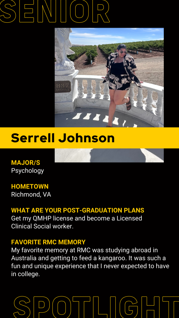 A person poses on a white outdoor staircase. Text highlights Serrell Johnson, psychology major, future plans, and a favorite study abroad memory.