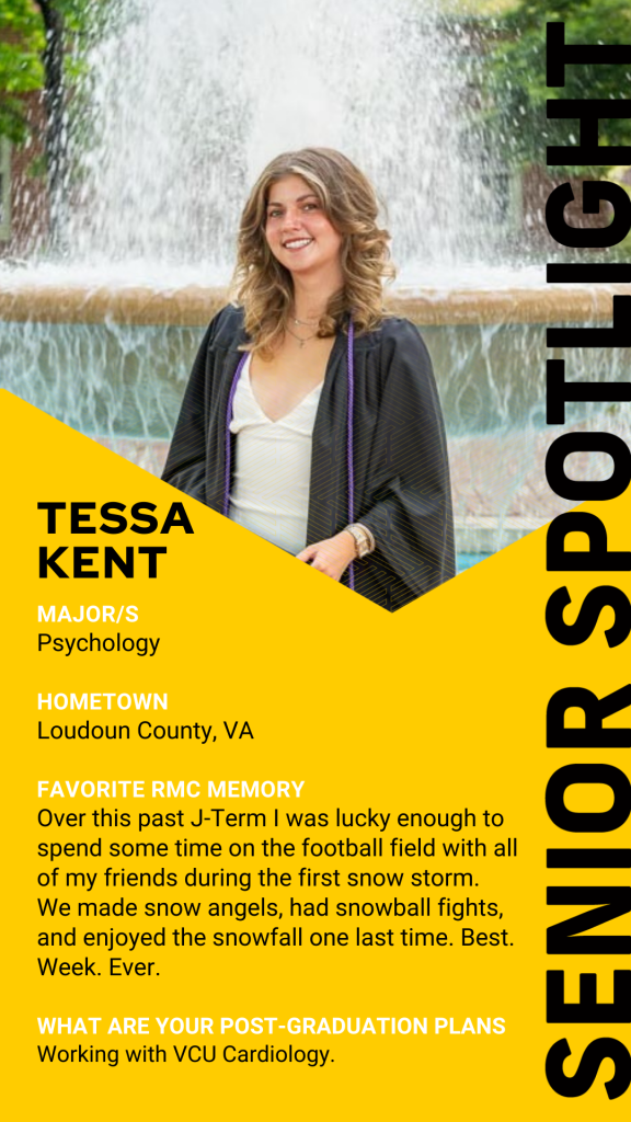 Person in graduation attire stands in front of a fountain. Text notes a Psychology major from Loudoun County, VA, with post-graduation plans at VCU Cardiology.