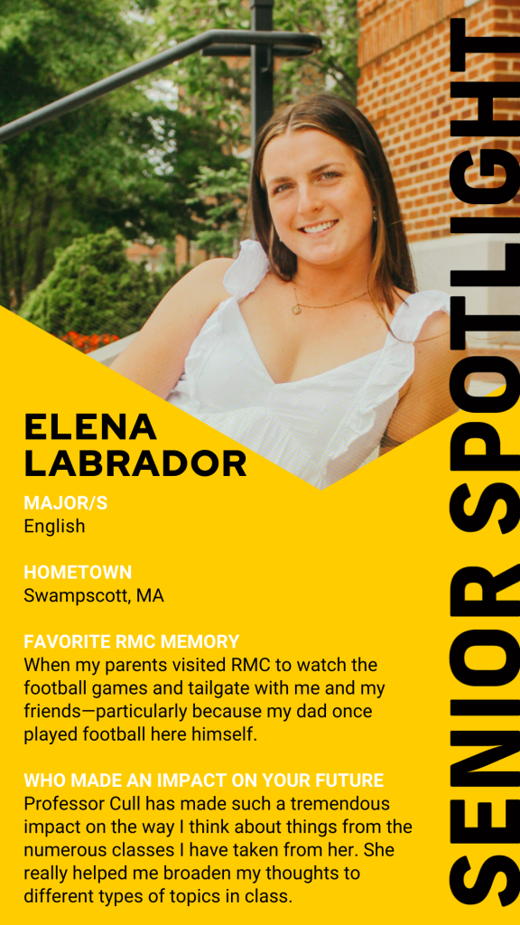 A person sits on metal stairs outside a brick building. Text highlights achievements and future aspirations as part of a senior spotlight.