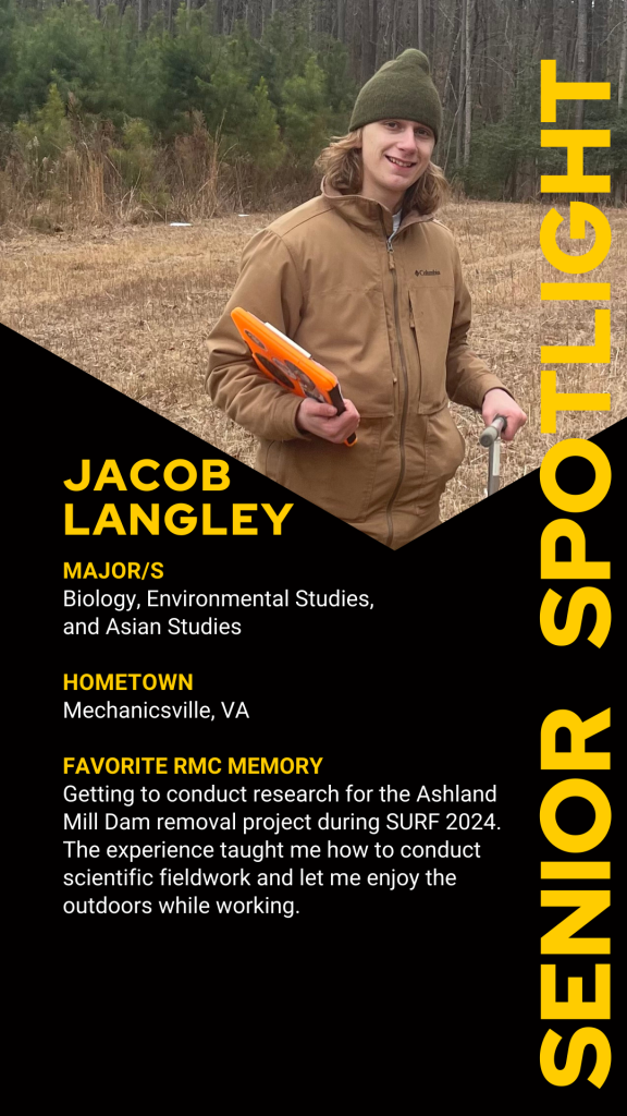 An individual holds field equipment in a grassy outdoor area. Text displays their name, major, hometown, and a favorite research memory.