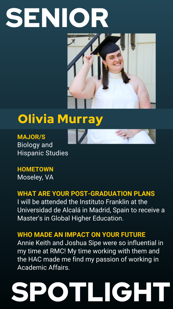 A graduating student sits on steps, smiling. Text highlights the major, hometown, post-graduation plans, and influential mentors.